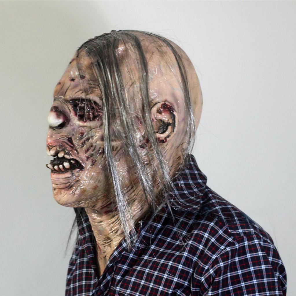 Halloween zombie lateksmaske med hår og liten lillehjerne