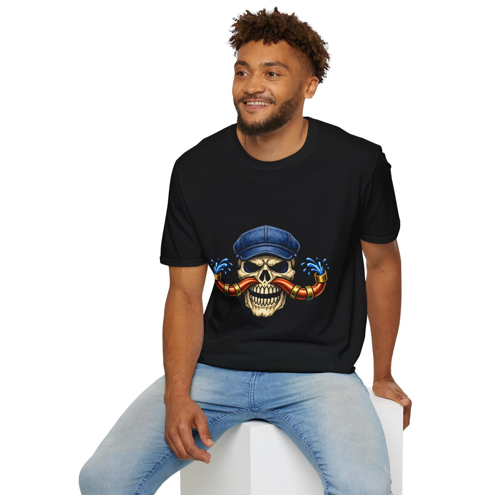 

Plumbing Skull Mascot Water Spray Pipe Mustache Work Unisex Softstyle T-Shirt S разноцветный