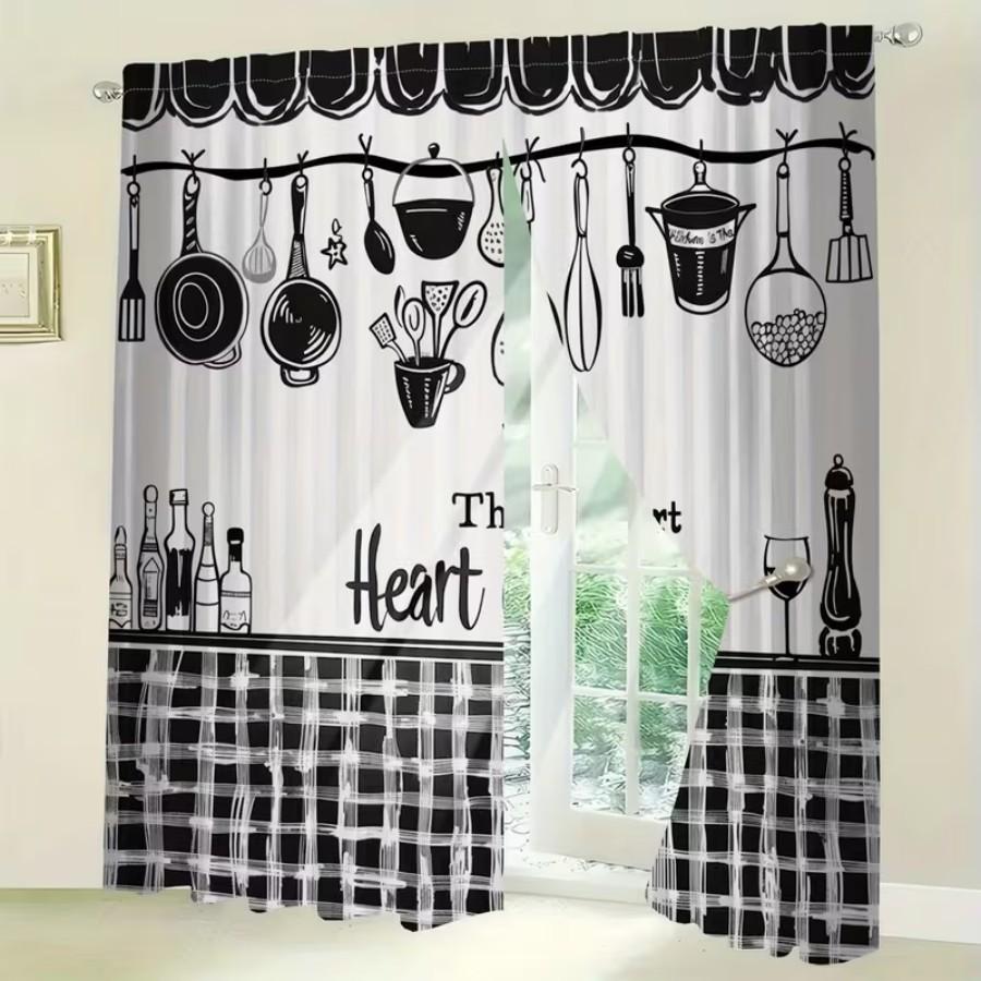 2 PCS Black White Kitchen Curtains, Practical Style Window Drapes for Living Room Bedroom Home Decor Polyester Rod Pocket