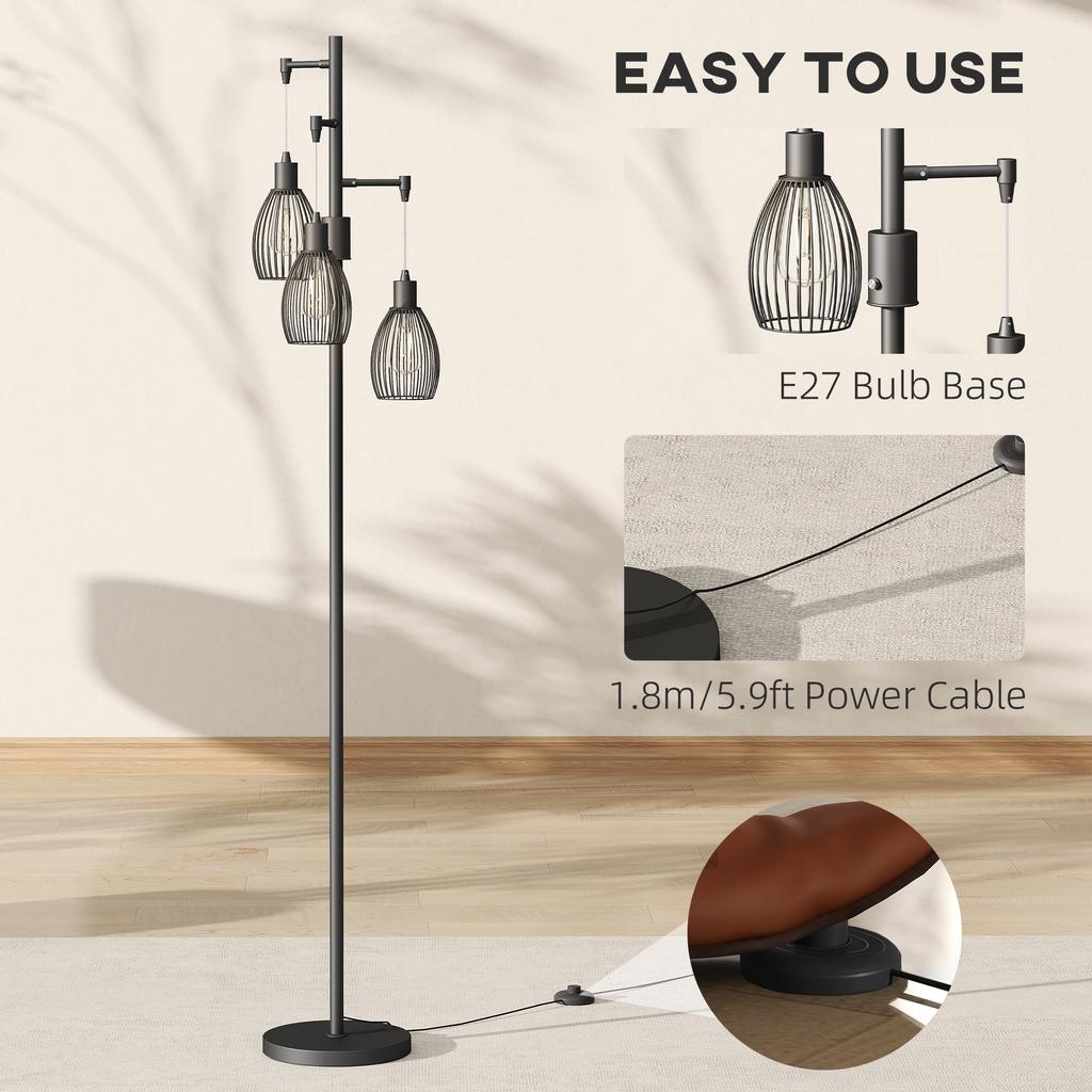 3-Light LED Floor Lamp, 170cm Industrial Dimmable Standing Lamp with Steel Wire Cage Lampshades, 2700K for Living Room, Bedroom, Dining Room, Study