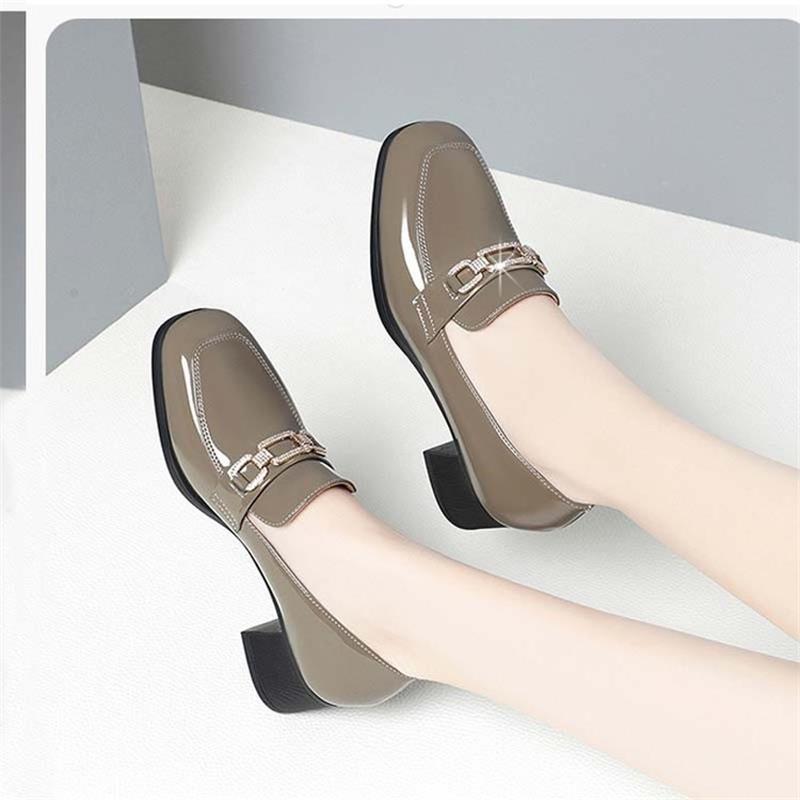 Spring Women's Casual Soft Leather Thick Heel Square Toe Leather Shoes
