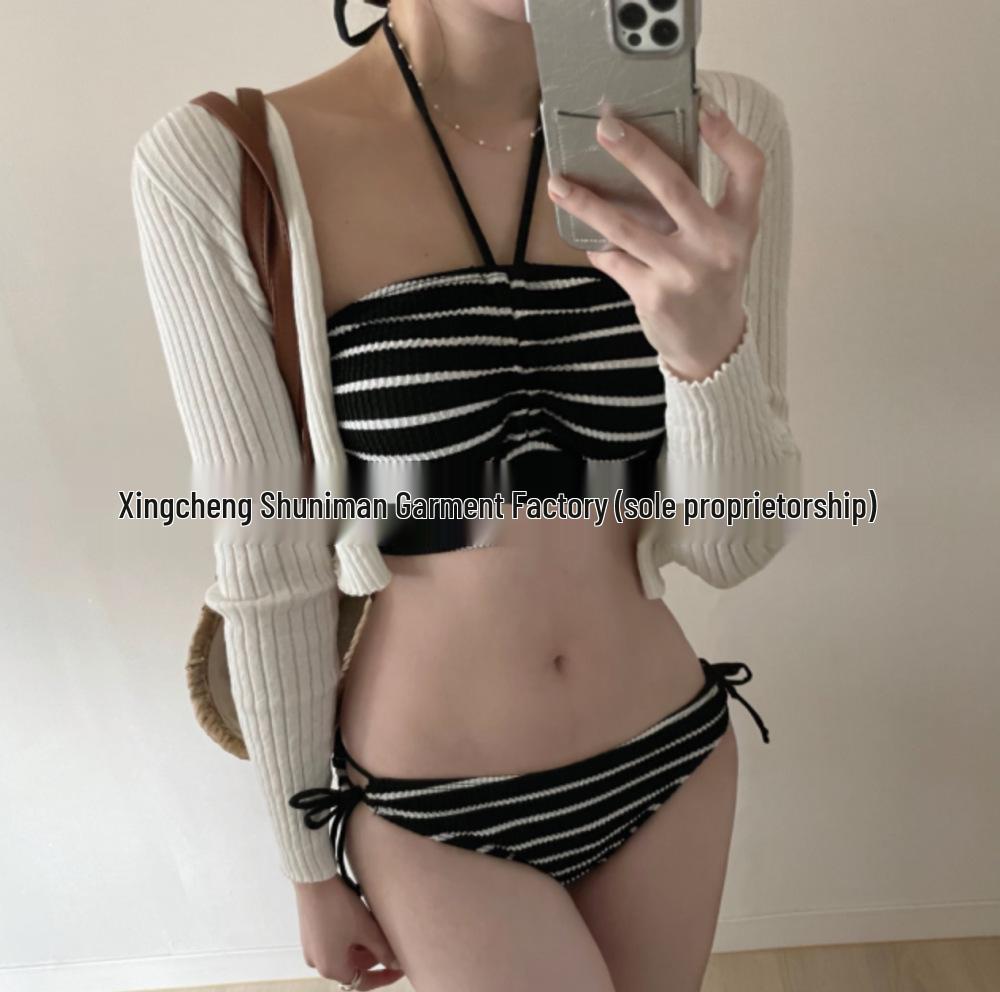 

High-End Korean Striped Black Bikini Swimwear for Women L чёрный