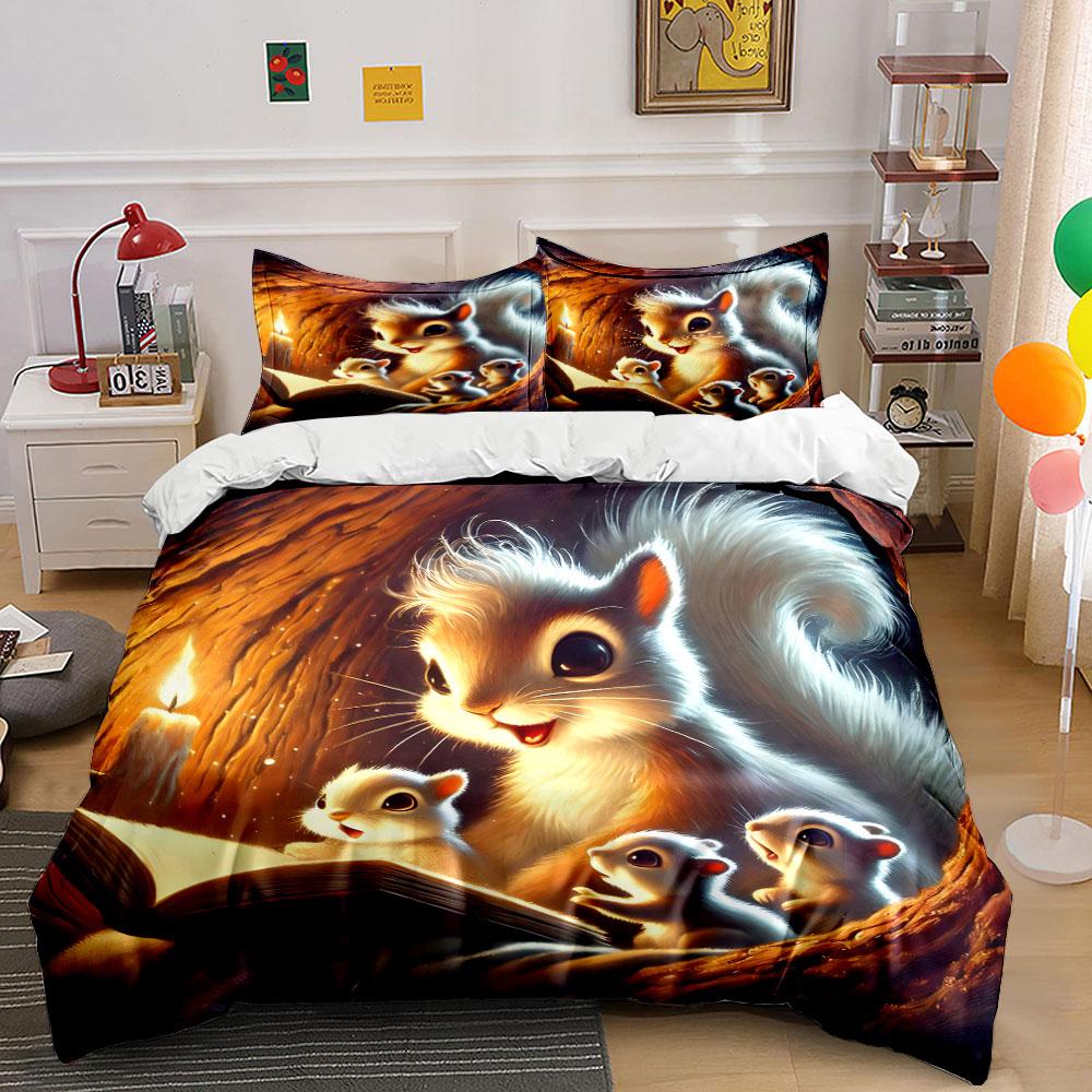 Cartoon Squirrel Family Decor Set Multiple Sizes Kid'S And Adults' Bedroom Exquisite 3Pc Bedding Set, Gift