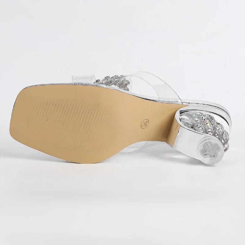 Mode Luxus Strass Seltsamer Stil Sandalen Damen Sommer Sexy Transparentes PVC Open Toe Pantoletten Bequeme Bankett High Heels