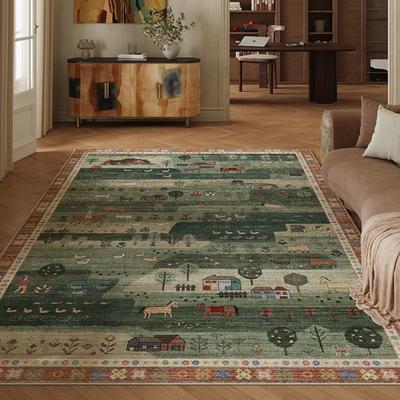 Alfombra Mat Paisaje Pastoral Vintage Verde - Alfombra con Borde de Patrón Tradicional para Sala de Estar Decoración del Hogar Felpudo de Bienvenida