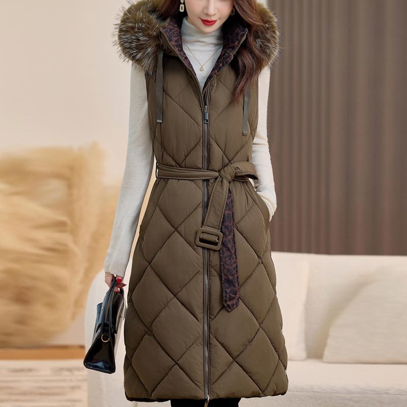 

Модный зимний женский длинный теплый жилет с капюшоном и воротником из искусственного меха, двусторонний, толстый, без рукавов, парки, женские куртки с поясом L коричневый