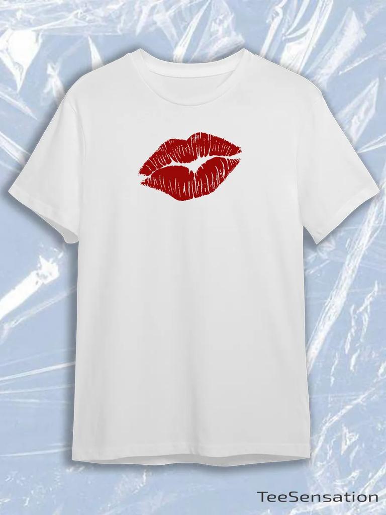 TeeSensation White Crew Neck Short Sleeve T-Shirt with Dark Red Lipstick Kiss Mark Print