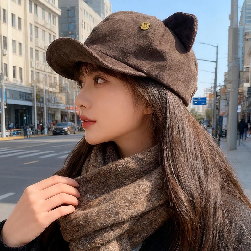 

Корейская ретро замшевая шапка с кошачьими ушками для женщин, милый и симпатичный берет, осенне-зимняя шапка-восьмиклинка, подчеркивающая лицо M（56-58cm）