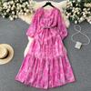 Autumn Vintage Women Floral Midi Dress Elegant V-Neck Lantern Long Sleeve Ruffle Hem A-Line  New Dresses For Woman