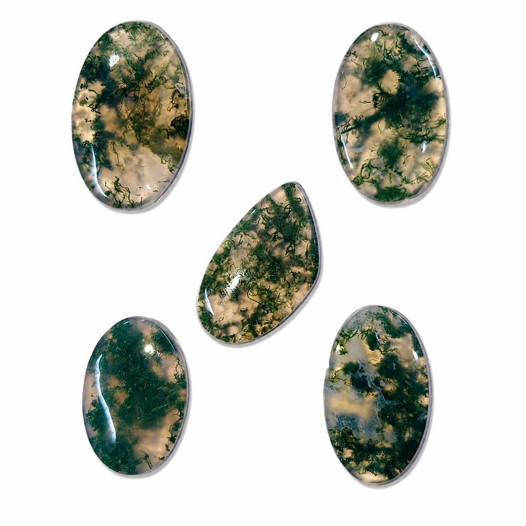 Natural Moss Agate Oval Cabochon Set of 5 | Moss Agate Gemstone Lot for Jewelry Making