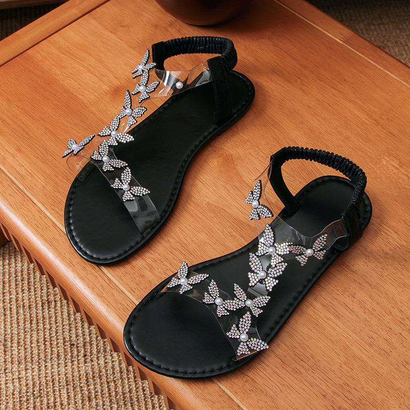 Kadın Yapay Elmas Kelebek Dekor Düz Sandalet, Günlük Burnu Açık Yaz Ayakkabı, Hafif Elastik Bant Sandalet