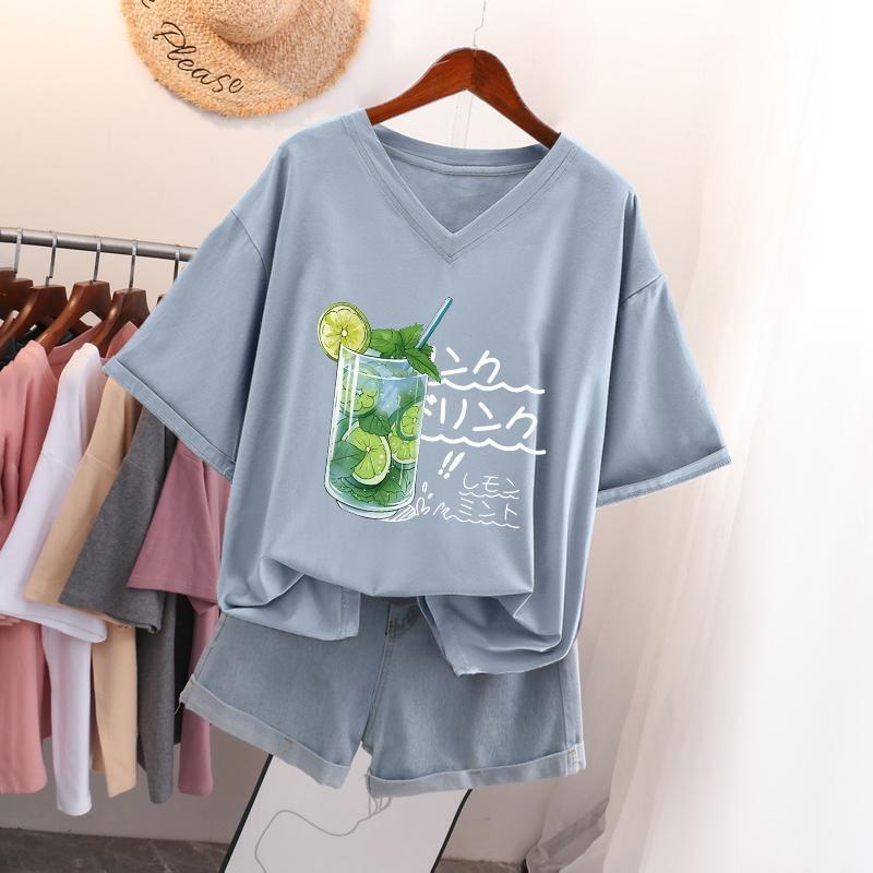 Kurzärmeliges T-Shirt für Damen Große Größe Lockeres und Schlankmachendes Design Nische Reine Baumwolle V-Ausschnitt Oberteil, das den Bauch bedeckt