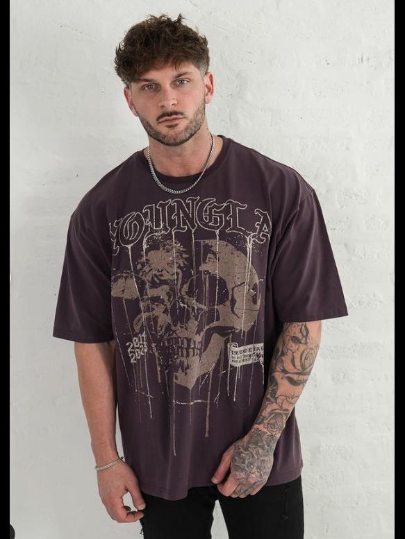 Pánské letní bavlněné tričko YOUNG LA s potiskem lebky, volného střihu - kulatý výstřih, krátký rukáv, fitness a běžecké oblečení