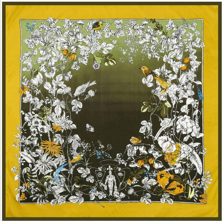 130cm Silk Scarf Women Large Shawls Floral Birds Print Ombre Stoles Square Bandana Luxury Kerchief Scarf Female Foulards