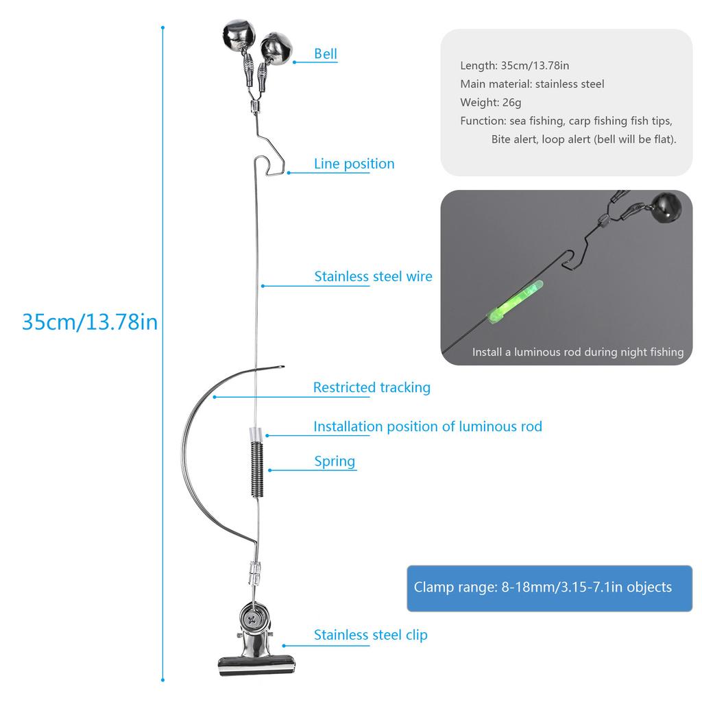 Night Fishing Rod Bite Bait Alarm with Twin Bells Ring Fishing Bite Alarm Indicator Stainless Steel Fishing Tackle