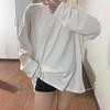 Women's White Long-Sleeve Round Neck Top, 2024 Autumn Loose Style
