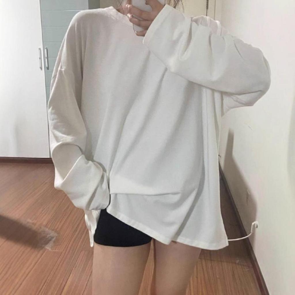 Women's White Long-Sleeve Round Neck Top, 2024 Autumn Loose Style
