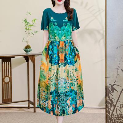 Vestidos de Verão da Moda Soltos Casuais Estampa Vintage Vestido Longo com Mangas Roupa Elegante para Mulheres de Meia-Idade