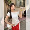 Korean pure desire slanted shoulder fungus edge design short-sleeved T-shirt women's summer new strap splicing top