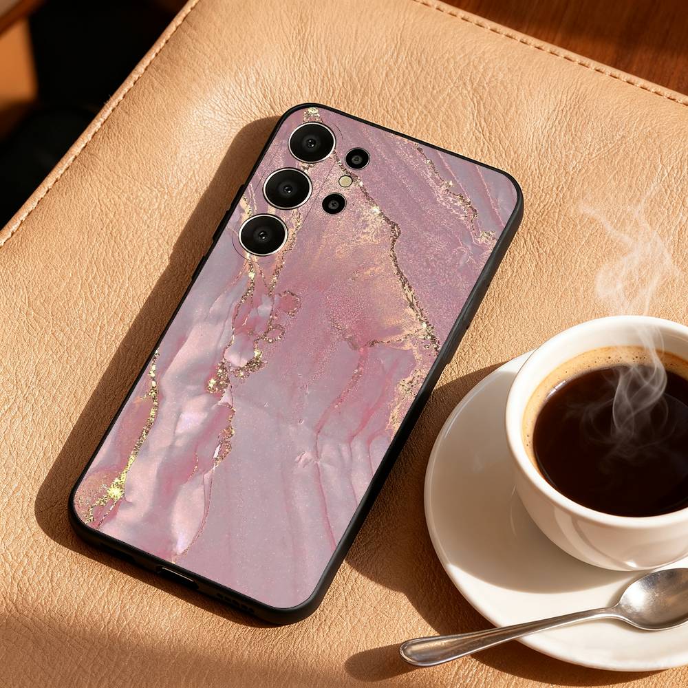 Gold Pink Geometric Marble Phone Case For Samsung S26,S25,24,23,22,30,21,10,9,Ultra,Plus,Lite,Black Soft Case