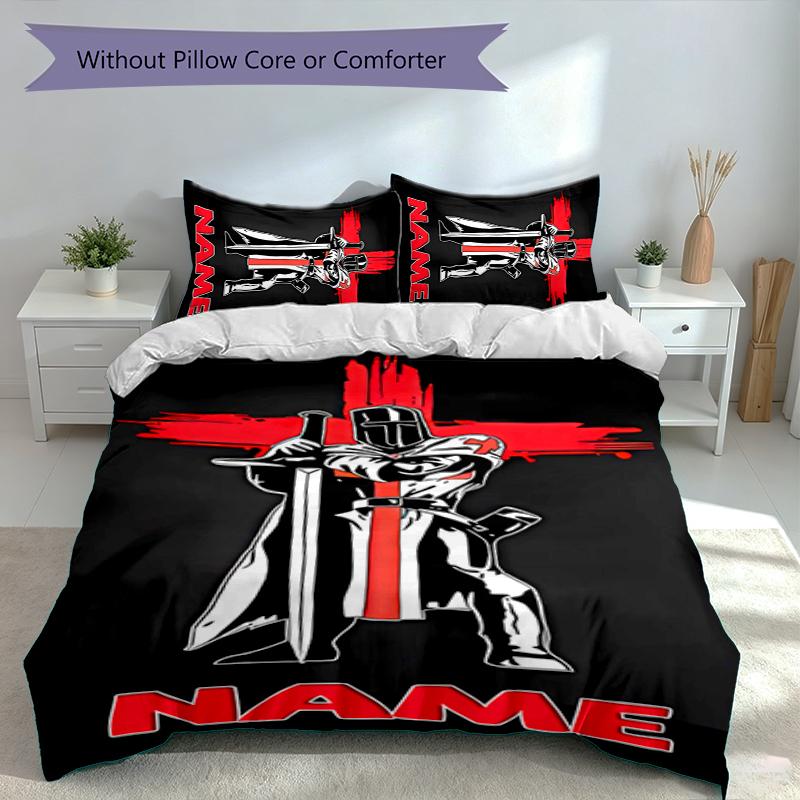 3pcs Custom Name Knights Templar Set,Includes 1 Duvet Cover and 2 Pillowcases,All-season Bedroom Decor