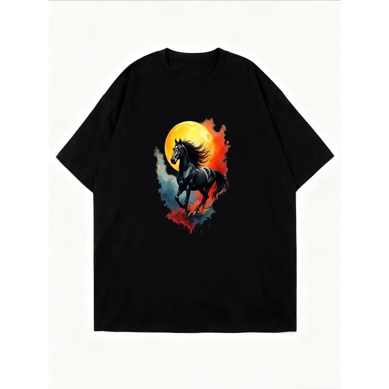 Women Casual Short Sleeve T Shirt White Black Horse And Moon Print For Everyday Wear