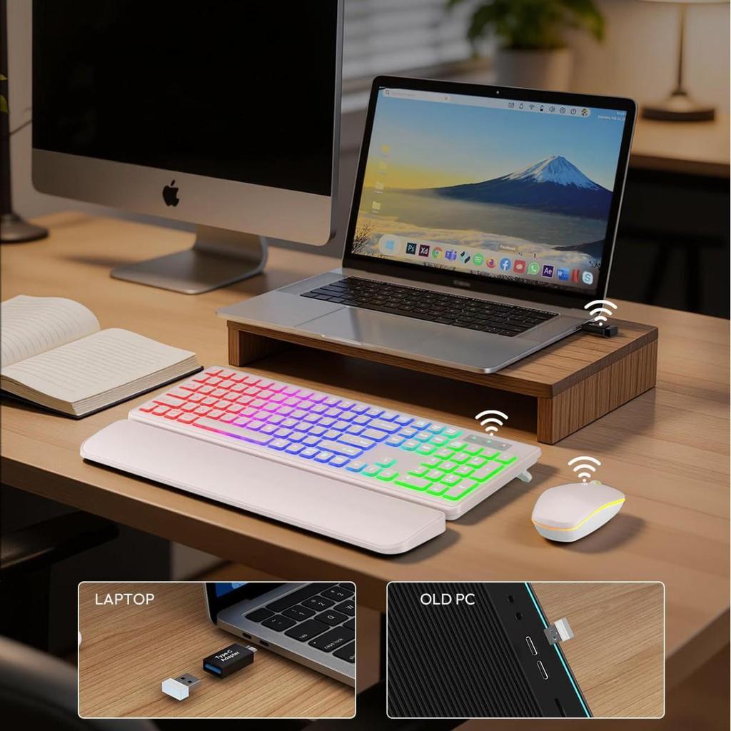 Rechargeable RGB Backlit Wireless Keyboard & Mouse Combo with Ergonomic Tilt Keys