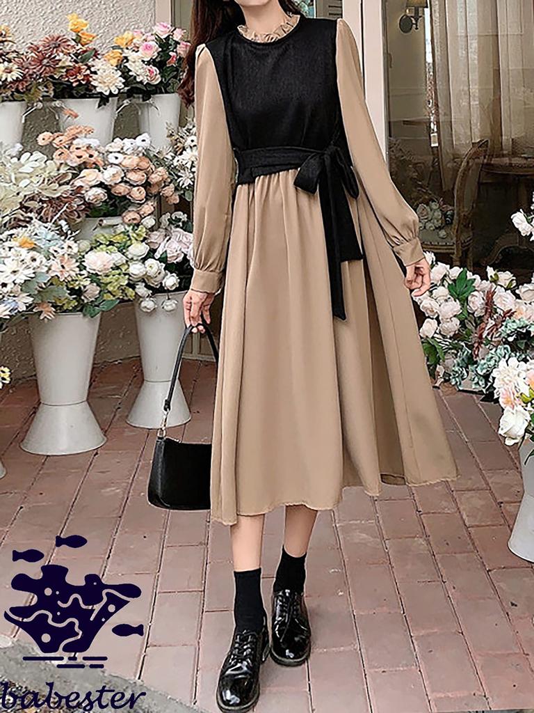 Babestar Layered Long Sleeve Skirt with Solid Long Perfect for Casual Black and Size Women's Dress, Ruffles, Color, A-Line, Waistline, Sleeves,