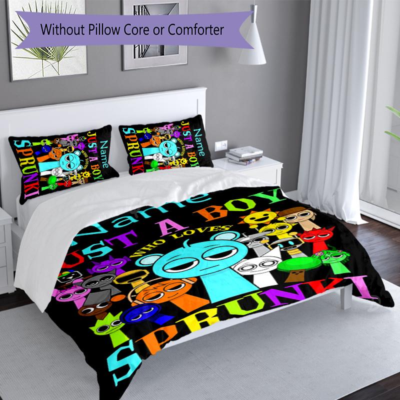 3pcs Custom Name Game Sprunki Set,Includes 1 Duvet Cover and 2 Pillowcases,All-season Bedroom Decor