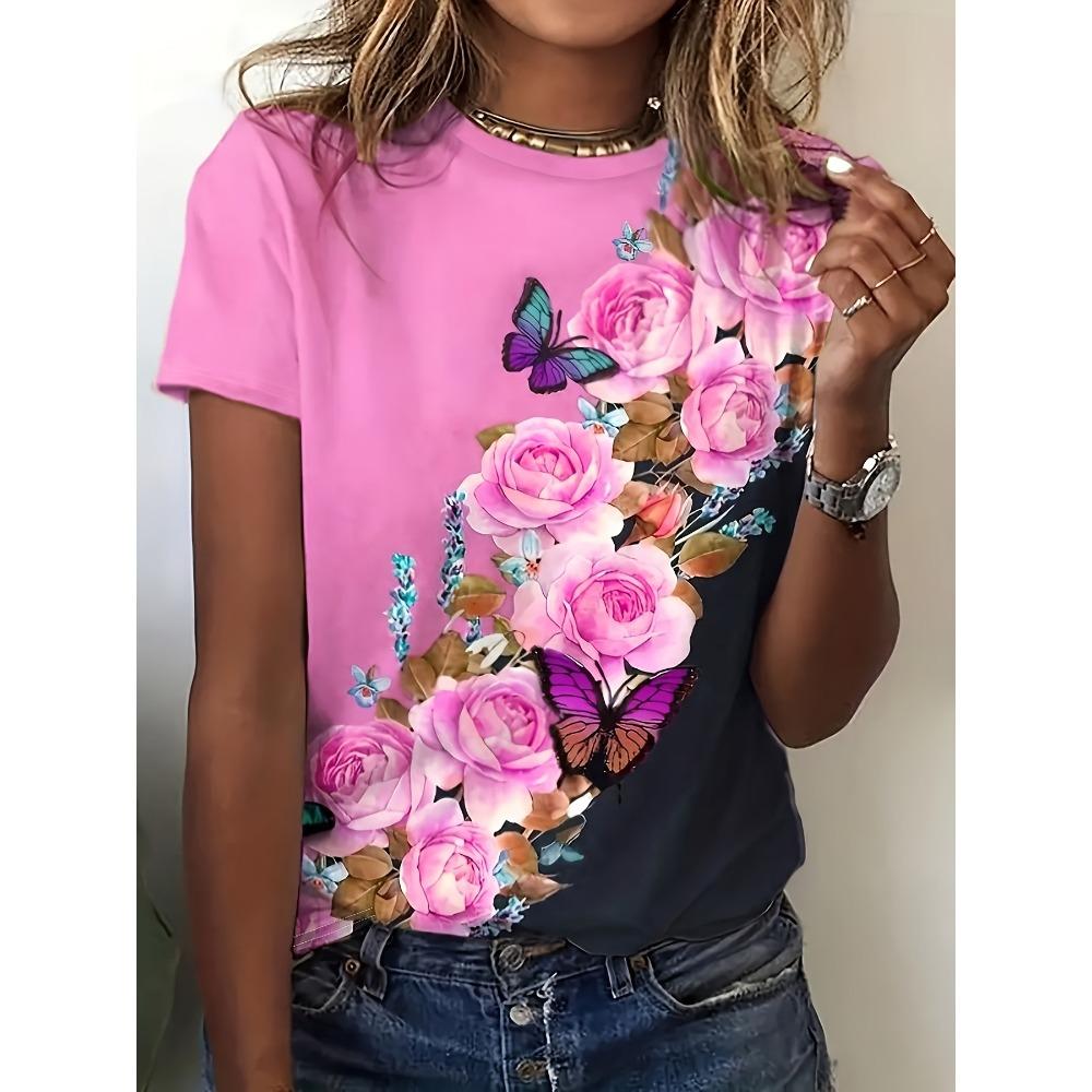 Plus Size Flower & Butterfly Print T-shirt, Casual Short Sleeve Crew Neck Top For Spring & Summer, Women s Plus Size Clothing S