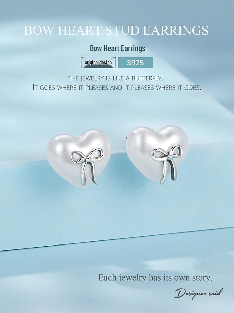 Aifle Simple Versatile S925 Sterling Silver Heart Bow Earrings for Women, Platinum-Plated, Heart-Shaped, Perfect for Commuting