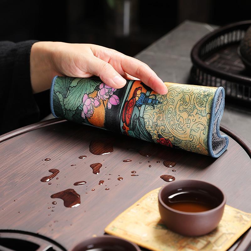 Chinese Retro Painted Tea Towel Kung Fu Tea Set Strong Water Absorption Thickened Tea Mat Cotton Velvet Tea Ceremony Accessories