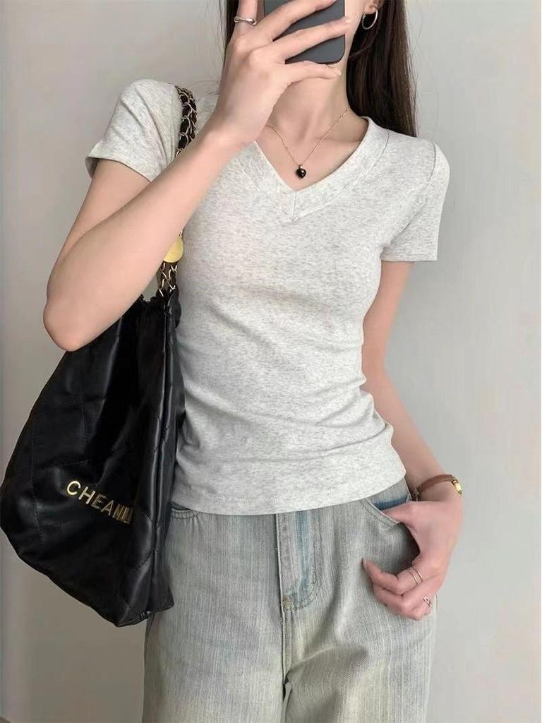 Women's American Style Slim Fit Crew Neck Cotton T-Shirt - 2026 Summer Design, Short Sleeve, Cinched Waist