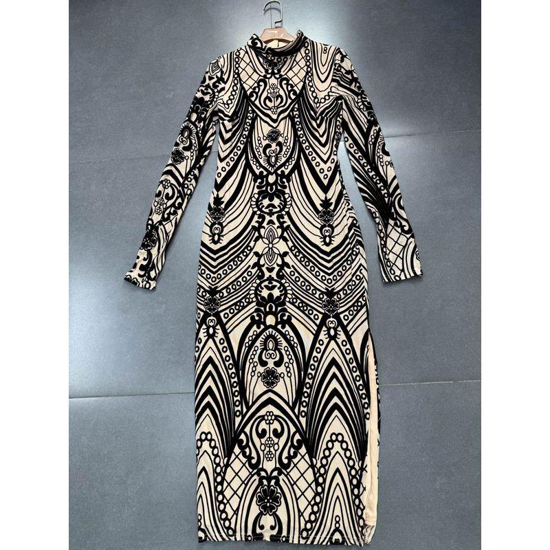 

Foreign Trade Original Order Sexy Fishtail Skirt Slim fit Slimming Flocking Temperament Sling Large Dress Tall Guest dresses Black Velvet Long sleeves Dress M