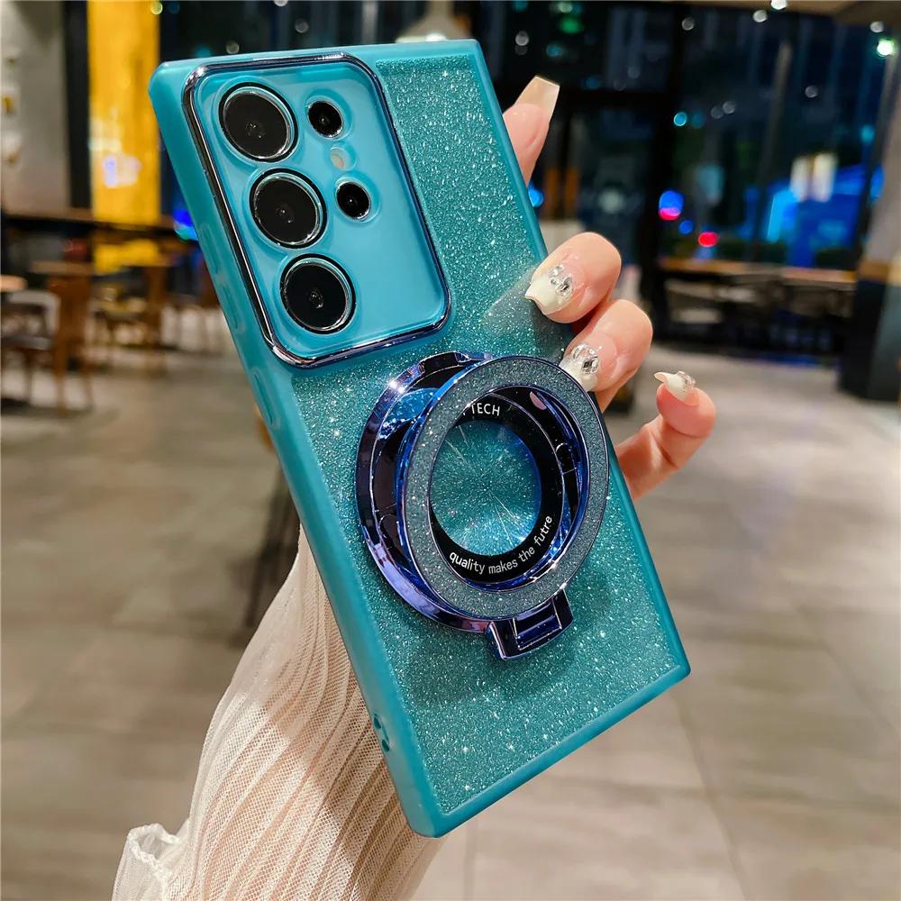 Glitter Magnetic Holder Silicone Case for Samsung S24 S23 S22 S21 Ultra Plus FE A53 A14 A54 A15 A55 iPhone 16 15 14 13 12 11 Pro Max Plus XSMAX XR 8 7