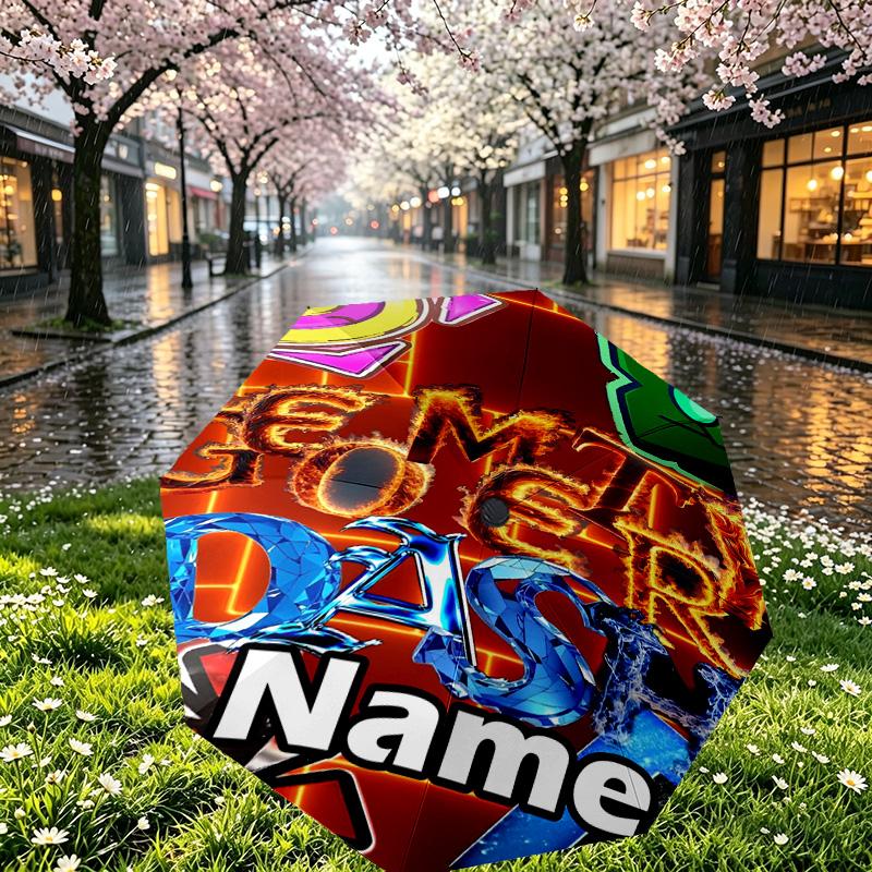 Custom Name Personalized Geometry Dash Print Umbrella, Auto Open Close, 8‑Rib Sturdy Frame, Commute Camping Hiking Use, Birthday Gift
