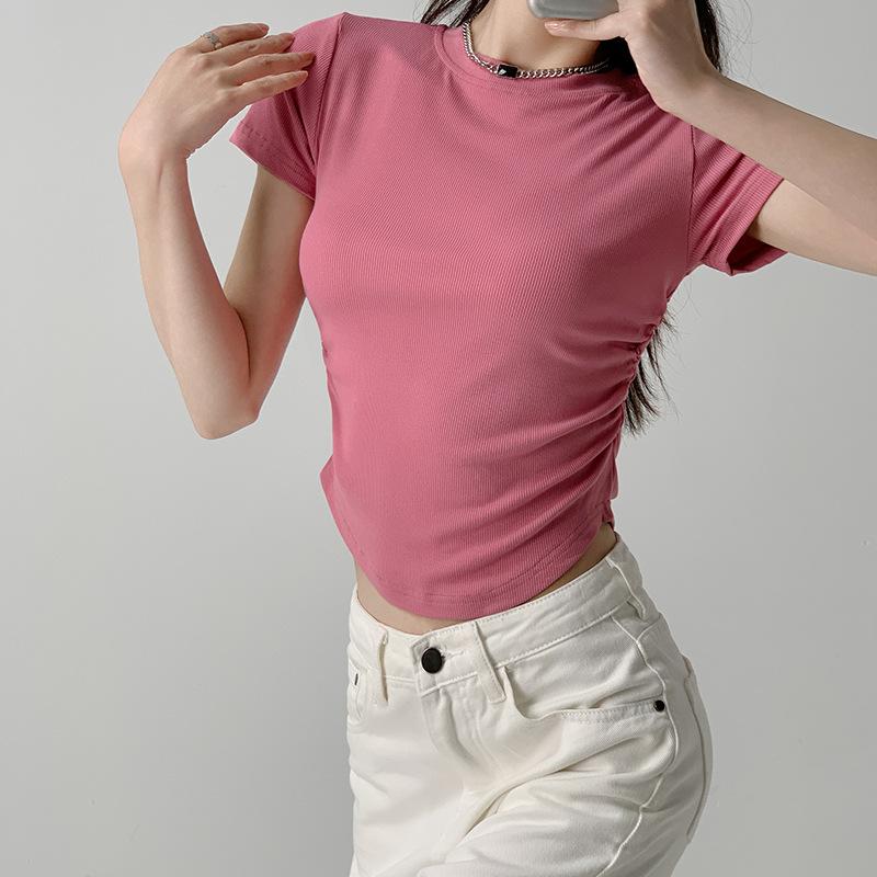 Dam sommar ny design slim bas-skjorta midje-kramande rund hals topp