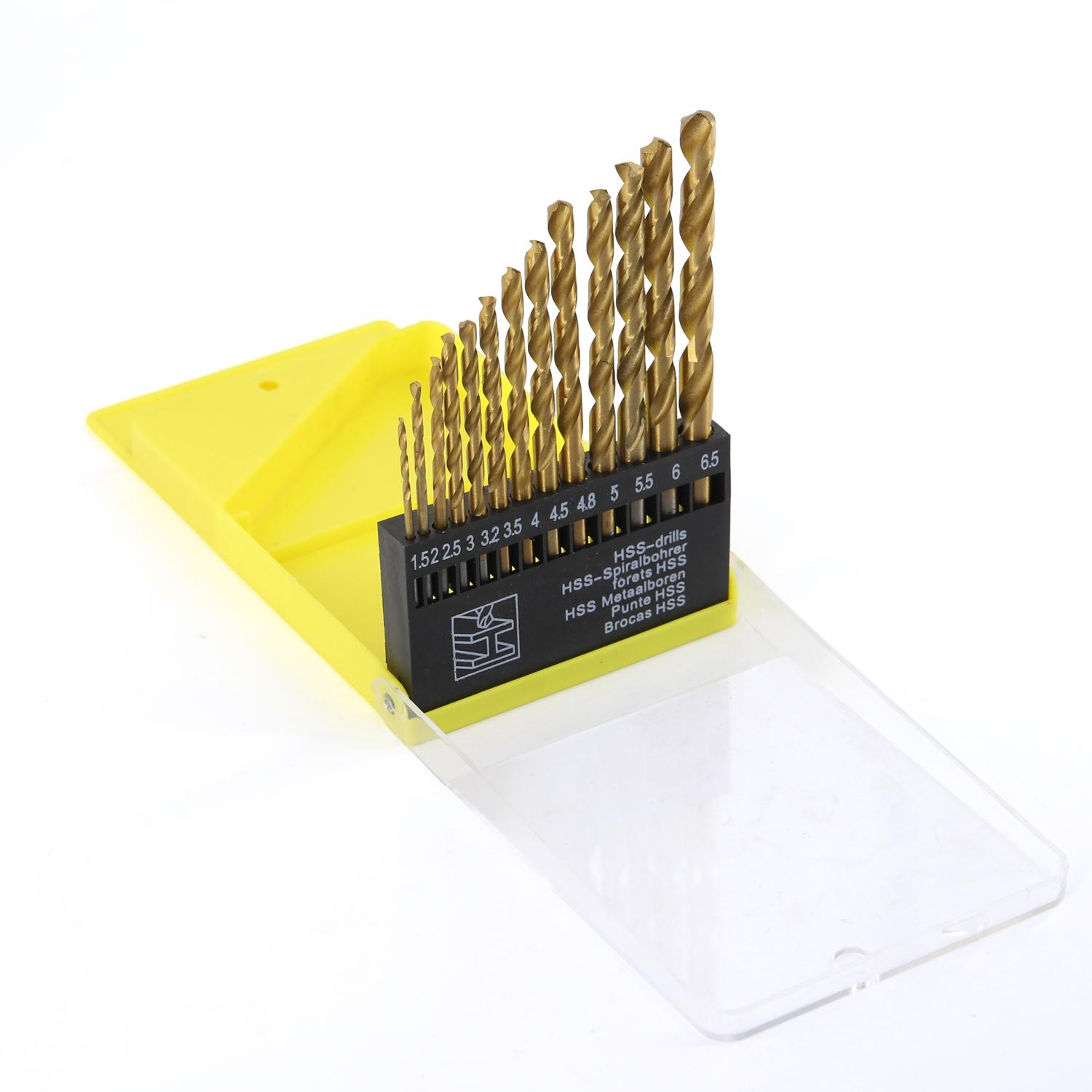 

Набор из 13 штук быстрорежущих стальных спиральных сверл 1,5 - 6,5 мм с титановым покрытием