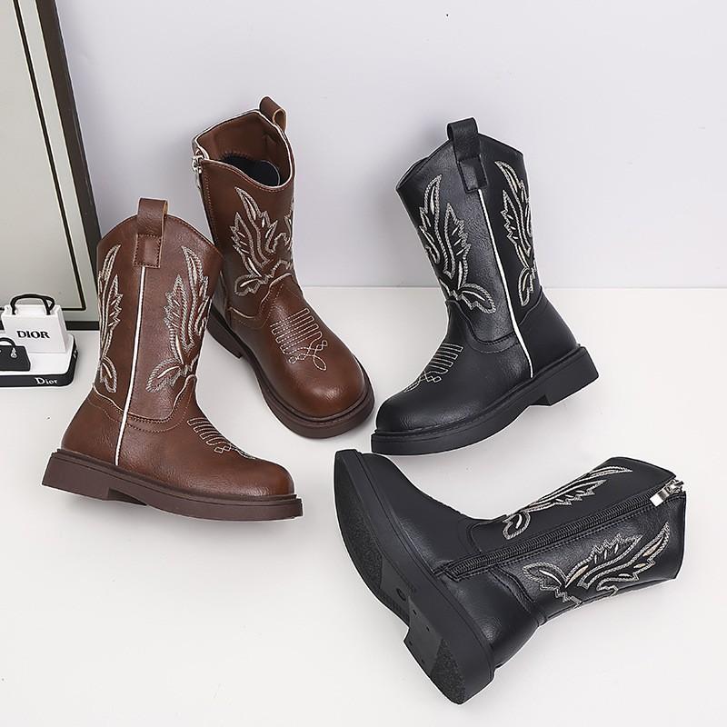 Girls Chelsea Boots Mid-Calf Soft Sole Embroidered Vintage Style Winter Kids Footwear