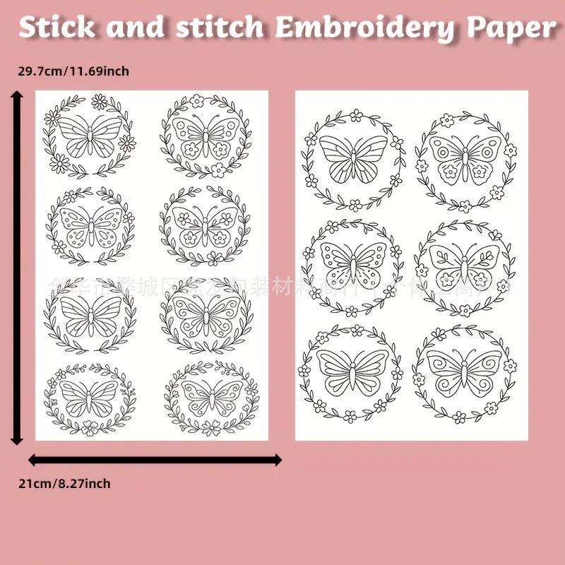 Stickstich Stickvlies Transferpapier mit vorgedrucktem Muster Wasserlöslich Auswaschbar Handnähnadel Faden Set
