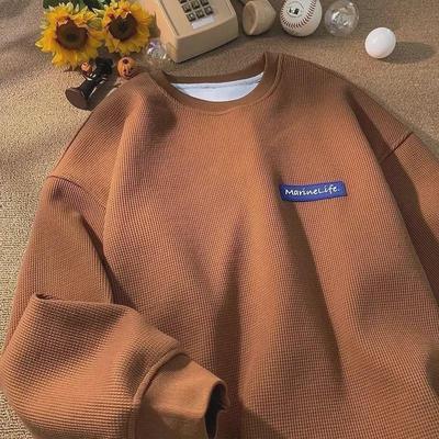 Men's Trendy Oversized Waffle Sweatshirt - Loose Fit Brown Coffee Top for Spring & Autumn