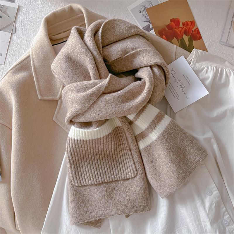 Pocket scarf women's autumn and winter plaid striped wool blend versatile student couple warm scarf dual-purpose tide