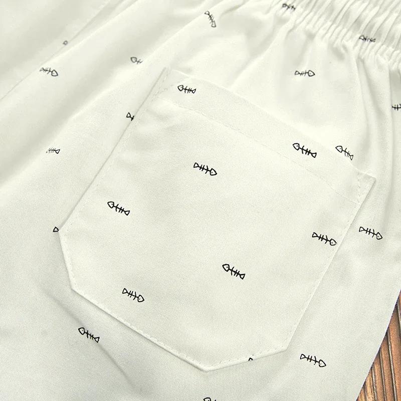 Summer Shorts Men Fitness Sport Elastic Waist Drawstring Shorts Men's Beach Pants Calf-length Design Fish Bone Printing Male