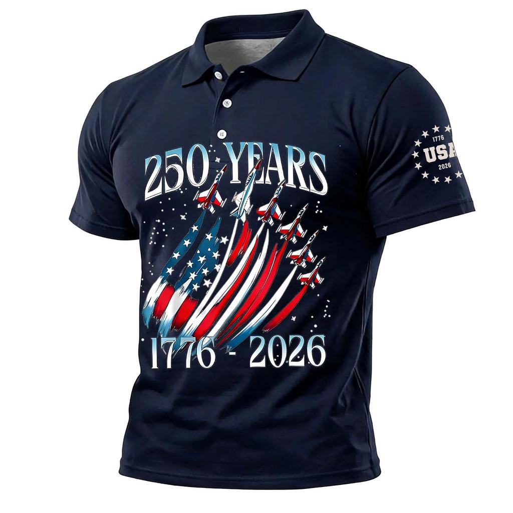 Men's Polo Shirt Short Sleeve 250 Years 1776 2026 Printed USA Flag Aircraft Graphic Casual Top