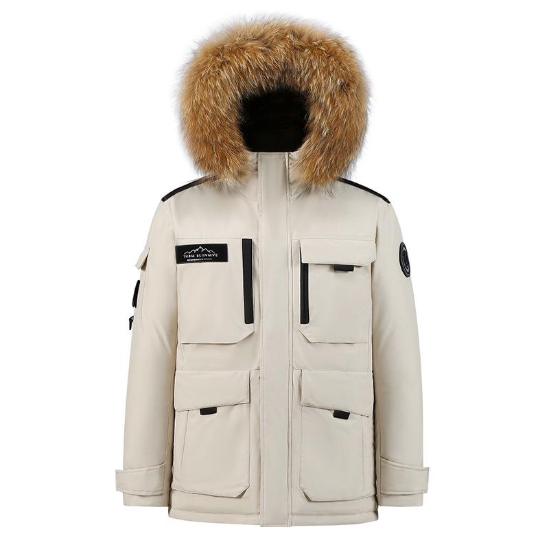 

2025 Korean Style Men s Thickened White Duck Down Jacket with Fur Collar - Mid-Length Winter Couple Outerwear L брудно-білий