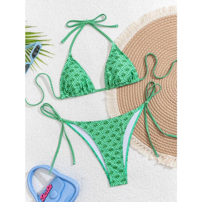 Women's Sexy Slim Fit Bikini Set, Tropical Print Halter Lace-up Triangle Swimsuit