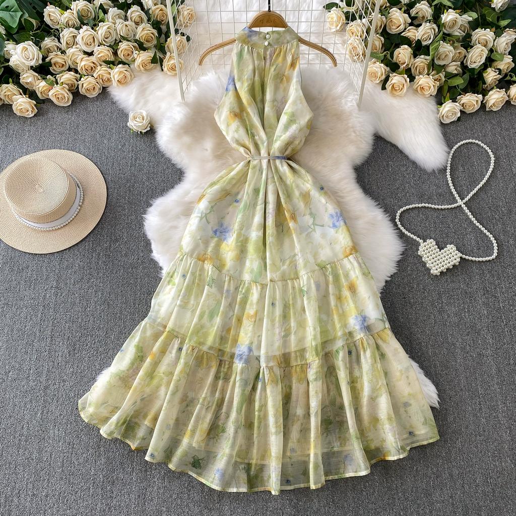 Summer Women Print Sleeveless Long Midi Oversize Loose Holiday Seaside Lace-up Dresses