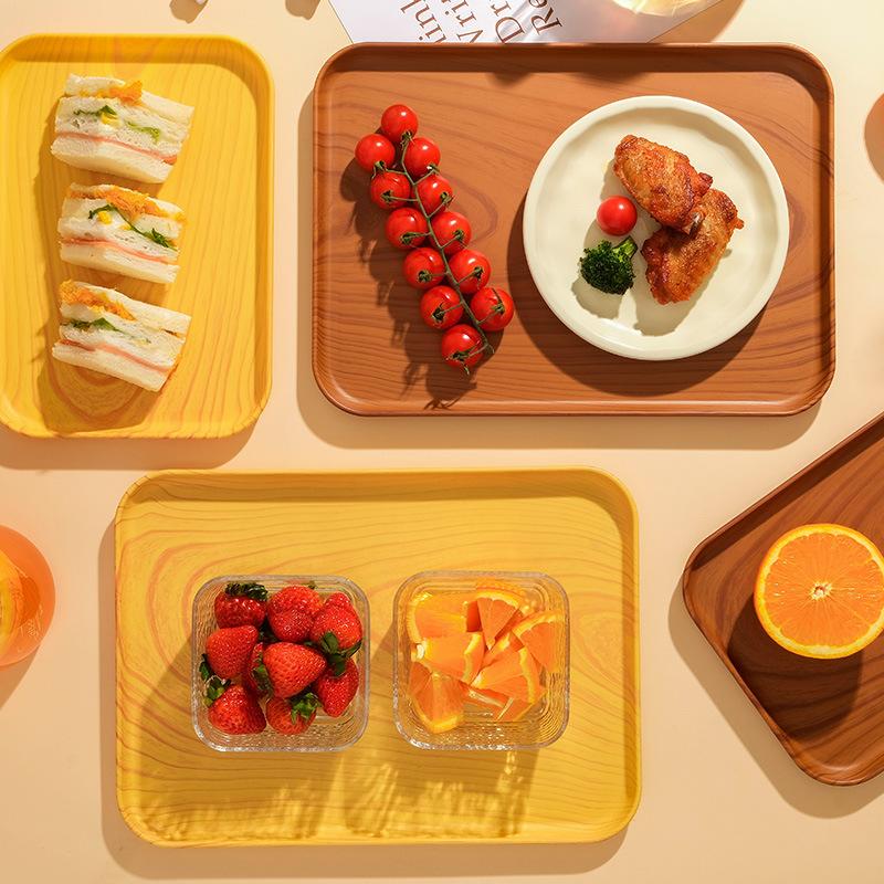 Plastic Tray Canteen Dinner Plate Household Living Room Snack Tea Tray Imitation Wood Grain Rectangular Kindergarten Fruit Plate