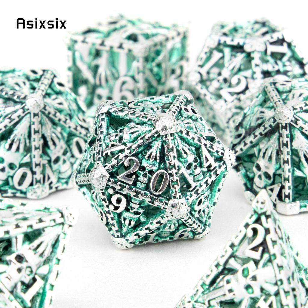 7 Pcs Silver Green Hand Skull Head Metal Dice Hollow Metal Polyhedral Dice Set Suitable for Role-Playing RPG Board  Card Game
