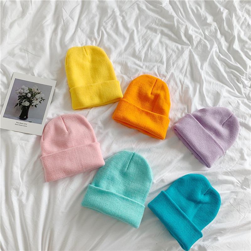 Solid Color Knitted Hat Female Harajuku Versatile Thin Student Wool Hat Female Autumn and Winter Tide Candy Color Pullover Hat